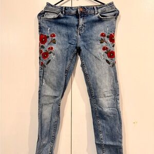 Zara Blue Skinny Jeans with Red Floral Embroidery